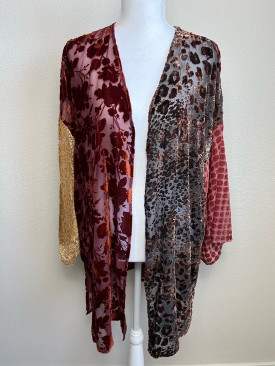 Mystree Tops - Mystree Mixed Print Burn-Out Wrap Kimono M/L Floral Velvet Boho Patchwork Duster